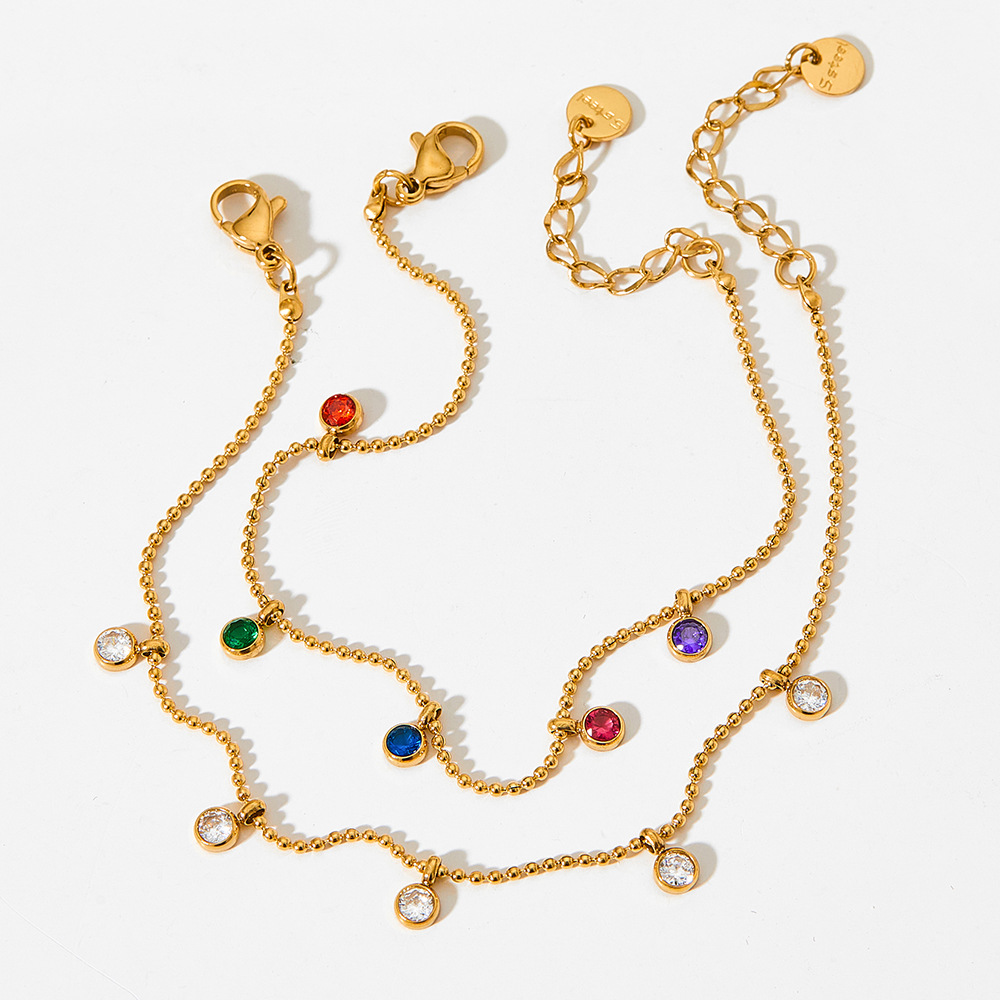 Rainbow zircon anklet, cold style, tassels, extremely fine personality, stainless steel anklet, trendy, light and non-fading ankle chain for women