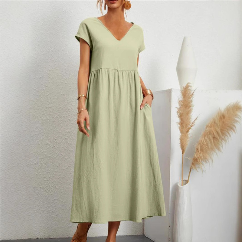 2024 Cross-border Foreign Trade Europe and America New Loose Leisure Cotton Linen Sleeveless V-neck Solid Color Summer Long dress
