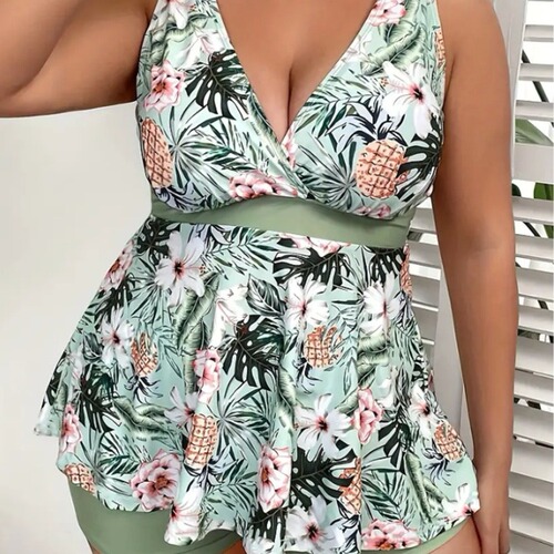 European and American printed split swimsuit for women, high-waisted spaghetti strap bikini, fashionable hot spring swimsuit