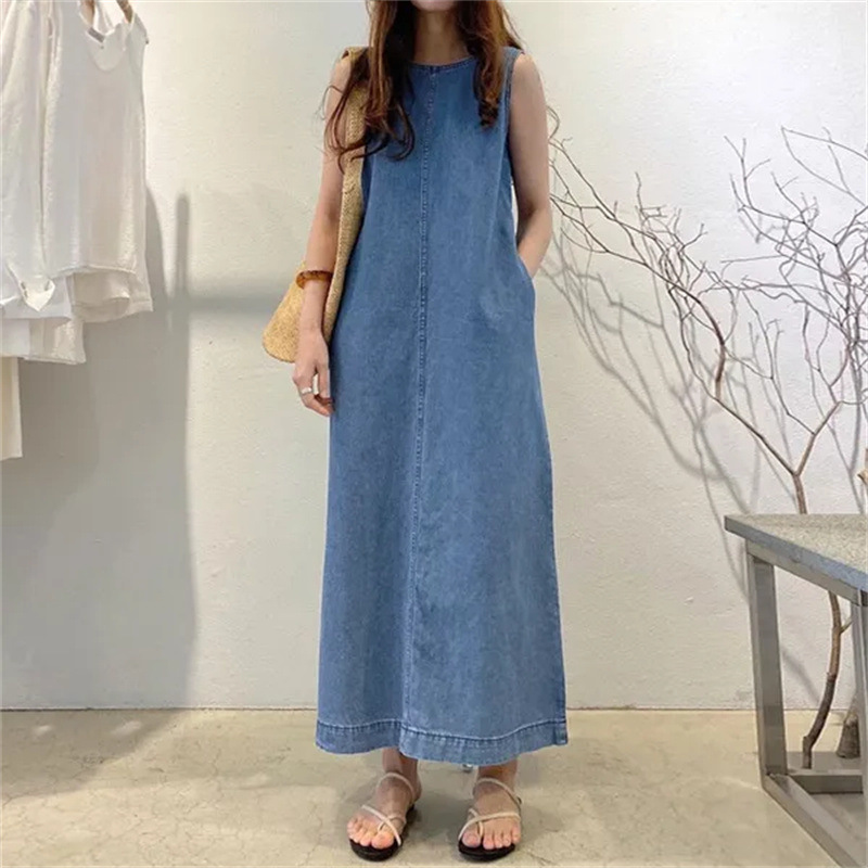 Cross-border foreign trade fashion dress round neck sleeveless pocket loose long vest denim robe dress women Wholesale