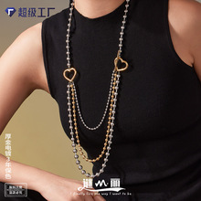 谜丽时尚拼色多层圆珠链叠戴项链长款欧美风夸张走秀款不锈钢项饰