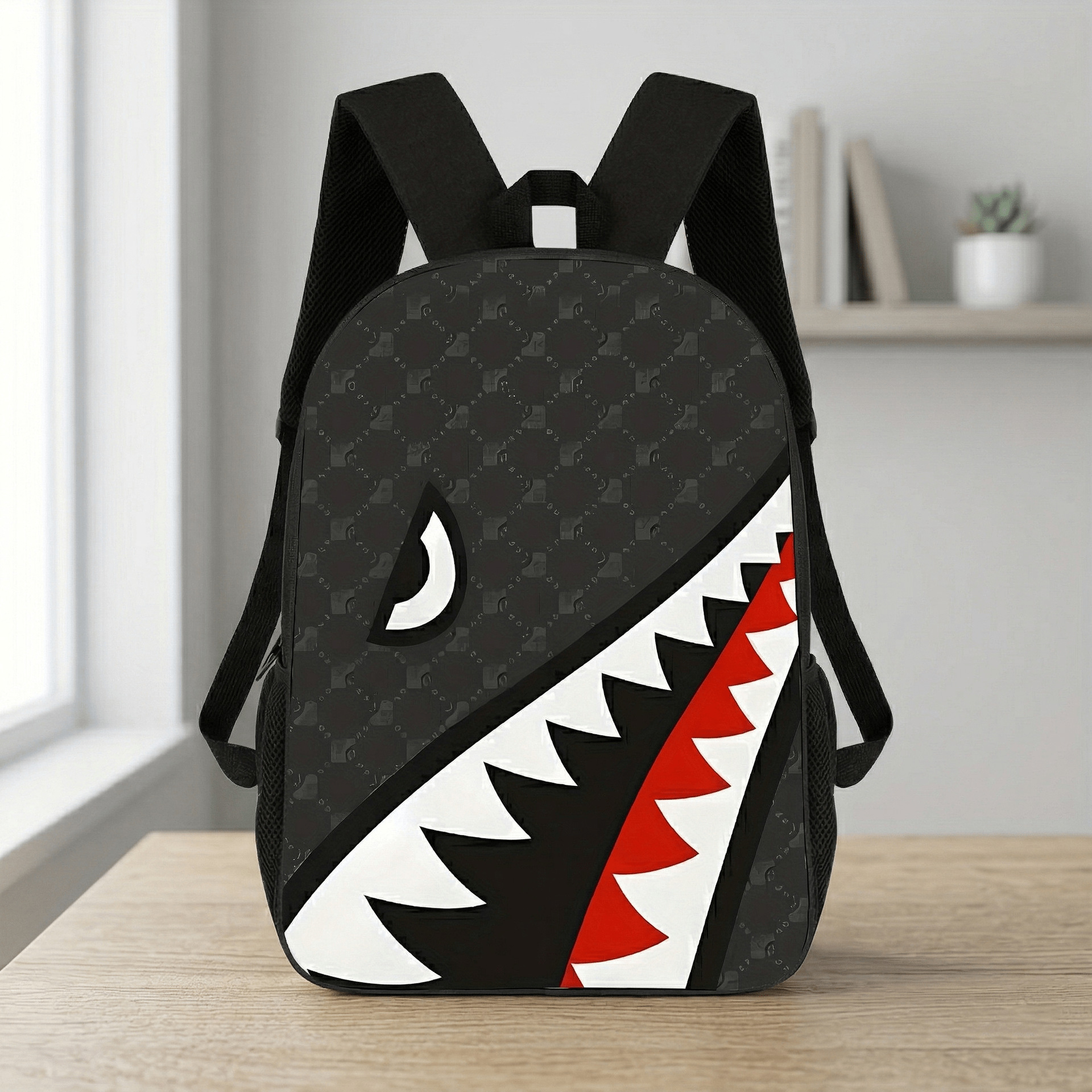 Trendy Shark Mouth Print Large Capacity Backpack for Men, Middle and High School Students, School Bag, Direct Wholesale from Source Factory
