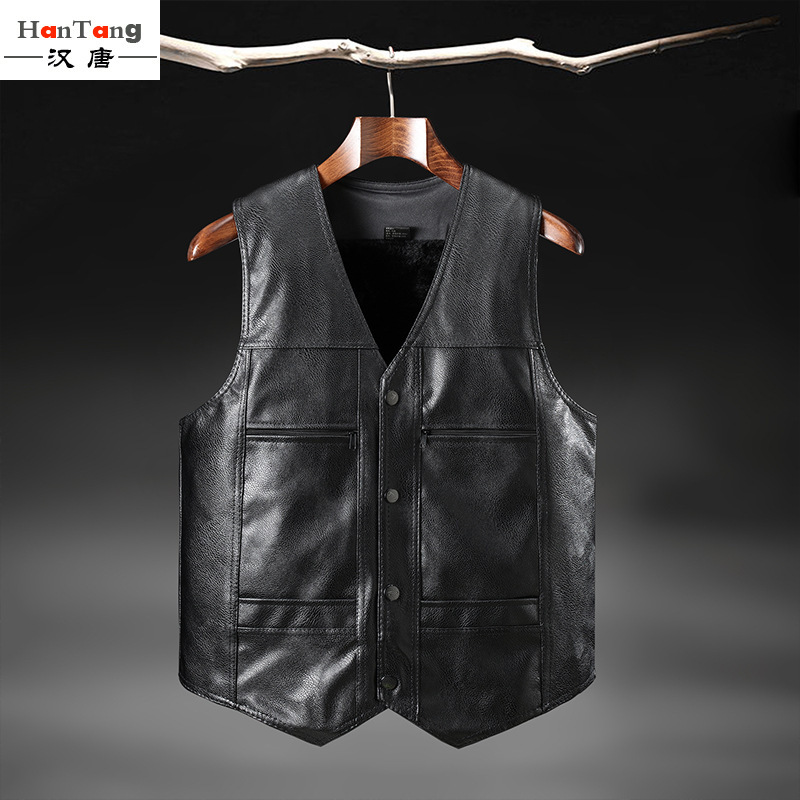 Autumn and Winter Pu Leather Vest Men's Dad Wear Warm Fleece-Lined Thickeneded Motorcycle Casual Waistcoat Vest Manufacturer Wholesale
