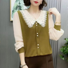 妈妈装花边娃娃领拼色打底衫时尚女装秋季长袖t恤减龄百搭女上衣