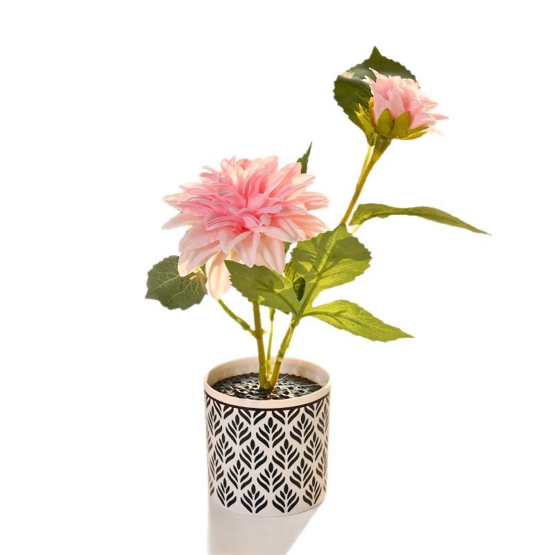 Dos dalias pequeñas flores de bonsai en maceta de imitación de flores verdes decoración floral interior sala de estar floral