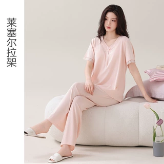 厂家直销夏季新品现货女士睡衣简约宽松舒适纯色家居服套装可外穿
