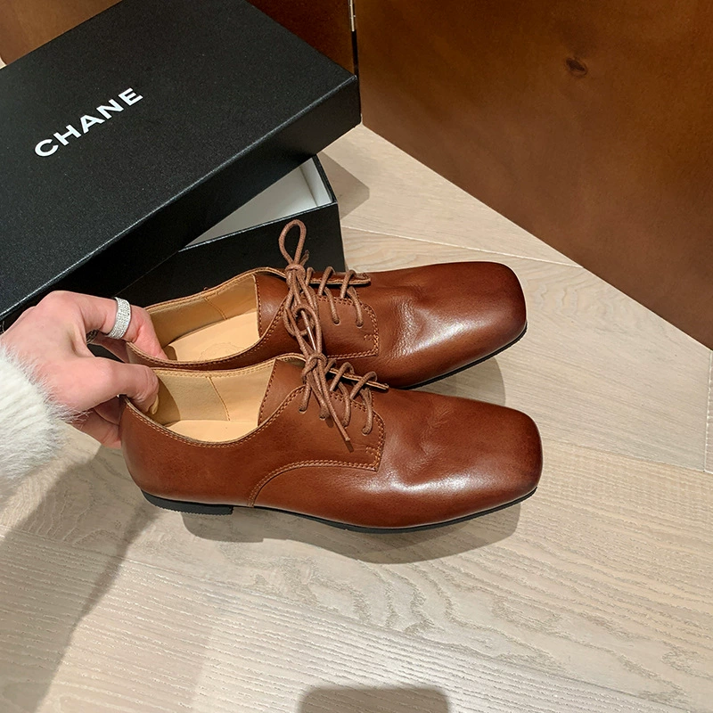 Ранней весной новая выстиранная верхняя обувь из лошадиной кожи с квадратным носком на шнуровке, удобная Однослойная обувь на плоской подошве, Женская художественная кожаная обувь