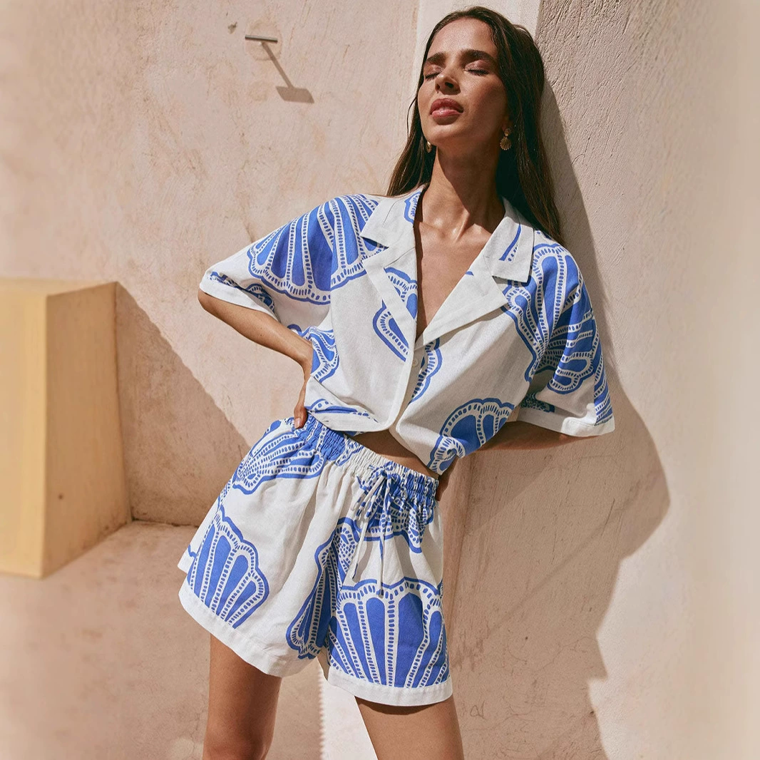 Европейский и американский кросс-бордер 2025 новый AliExpress повседневный свободный короткий стиль льняной топ и шорты костюм