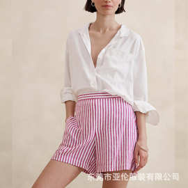 短裤定制小批量 梳织短裤加工 女士亚麻短裤条纹