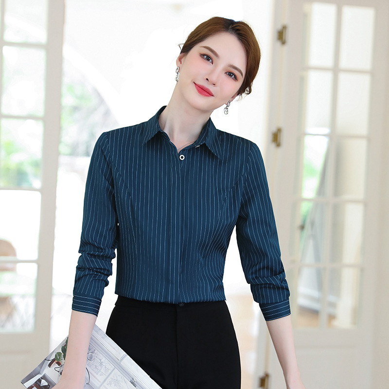 Striped Shirt Professional Women's Long Sleeve Shirt Hotel Front Desk Manager White Collar Office Work Clothes Top