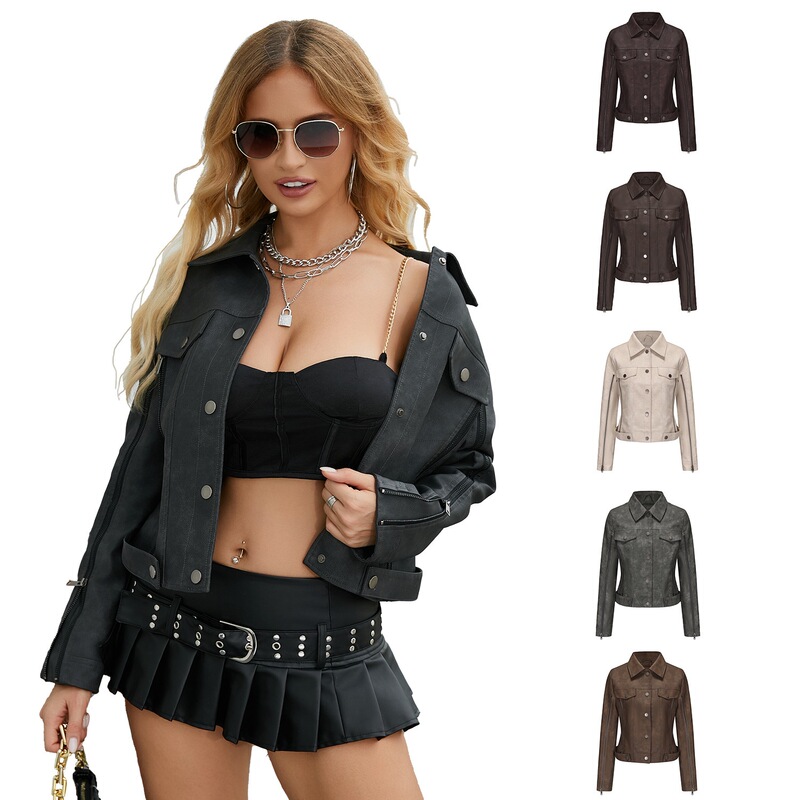 24 New Fashion Multi-Zipper Decorative Motorcycle Jacket Long-Sleeved Cardigan Popular Jacket Spring & Fall Thin Leather Jacket for Women