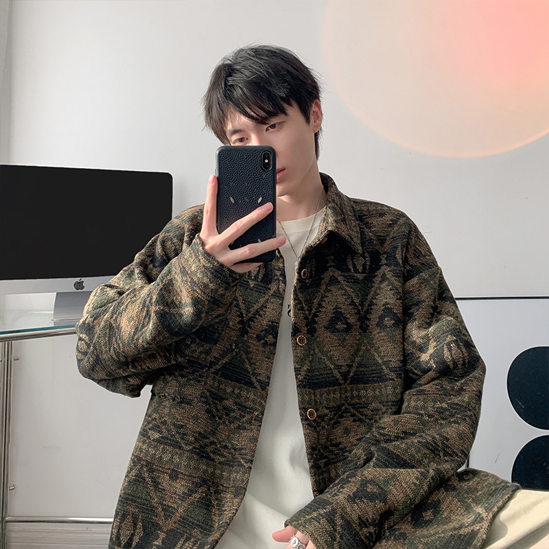 Baroque Woolen Shirt with Fleece for Men, Ethnic Style Lapel Jacket J5251J with Fleece, Special P65 Control 128