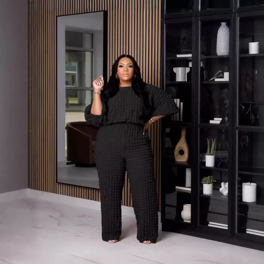 欧美女装速卖通跨境热卖新款休闲宽松圆领长袖上衣直筒长裤套装