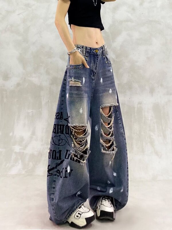 BeerBro celebrity-style punk ripped and splattered ink print distressed loose-fitting slimming wide-leg jeans BeerBro celebrity-style punk ripped and splattered ink print distressed loose-fitting slimming wide-leg jeans