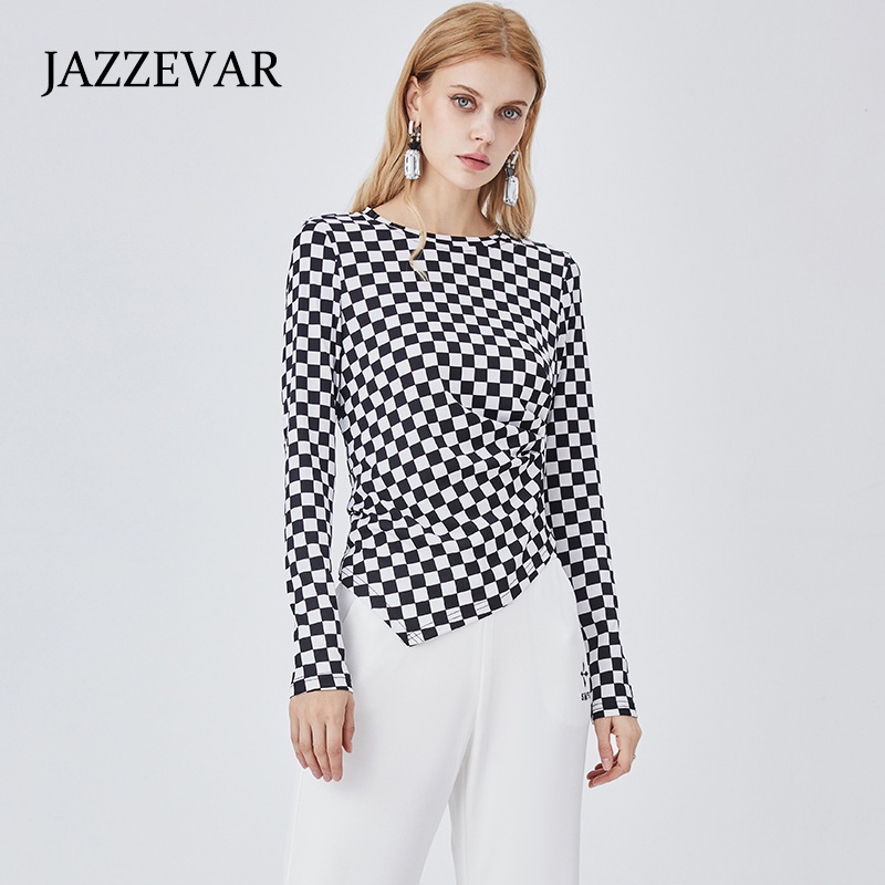 Jiazehua Irregular Slim Fit Versatile Checkerboard Pattern Base Shirt for Women Fashionable Slimming Long Sleeve T-Shirt Top for Women in Stock