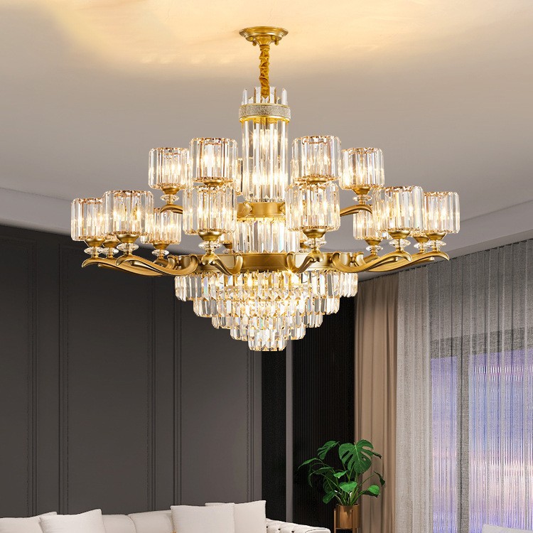 轻奢简约大气别墅复式楼客厅挑空大厅吊灯新款高档金色水晶大吊灯