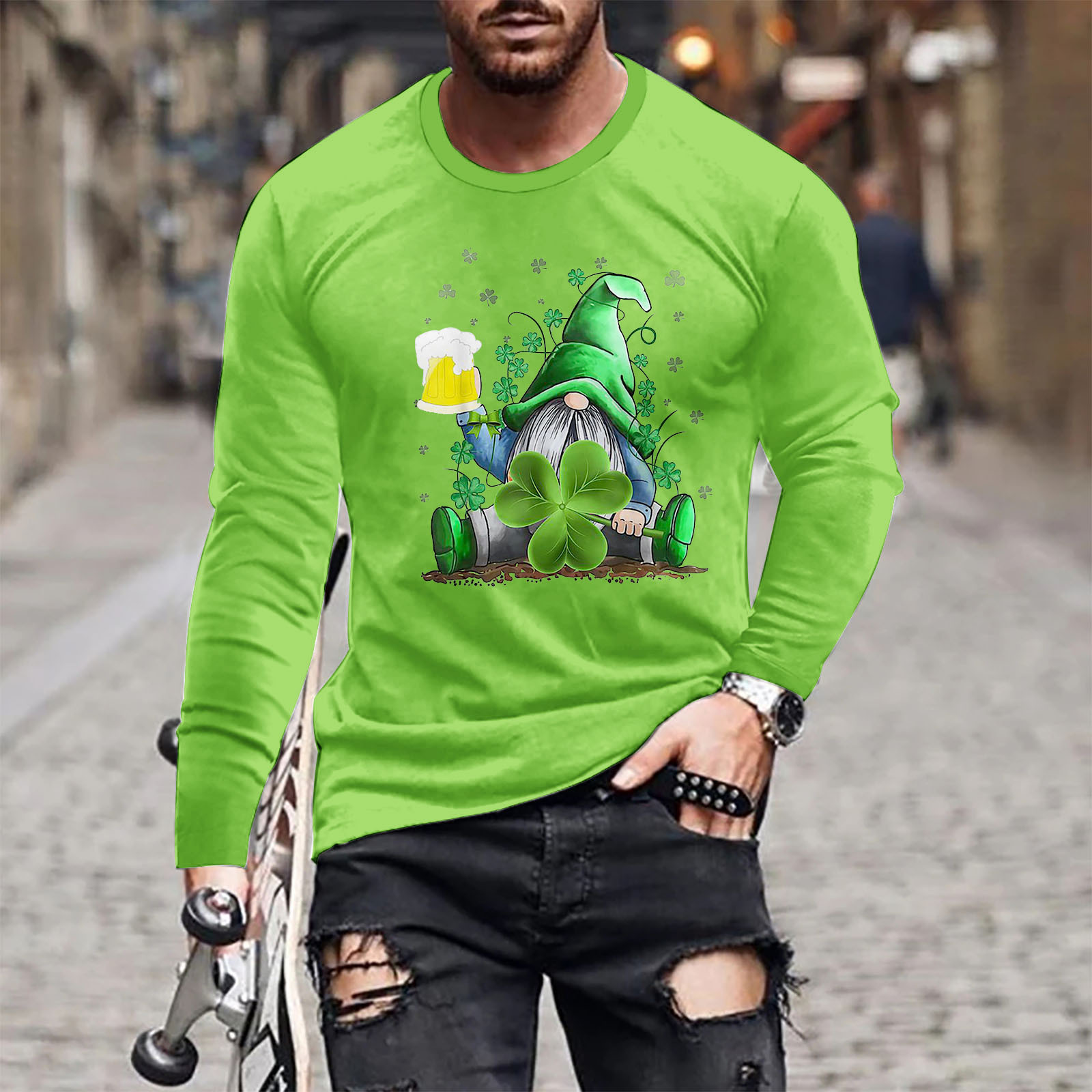 Cross-Border Factory Direct Sales European and American new spring and autumn men's Clover printed long sleeve oversized round neck casual T-shirt