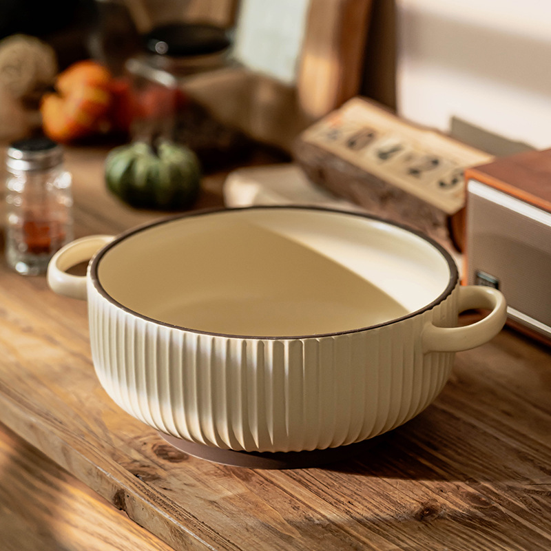 Simple anti-escaldadura tazón de doble oído vajilla de cerámica tazón de sopa tazón de polvo para el hogar tazón de arroz al horno tazón de fideos instantáneos al por mayor tazón profundo Jingdezhen