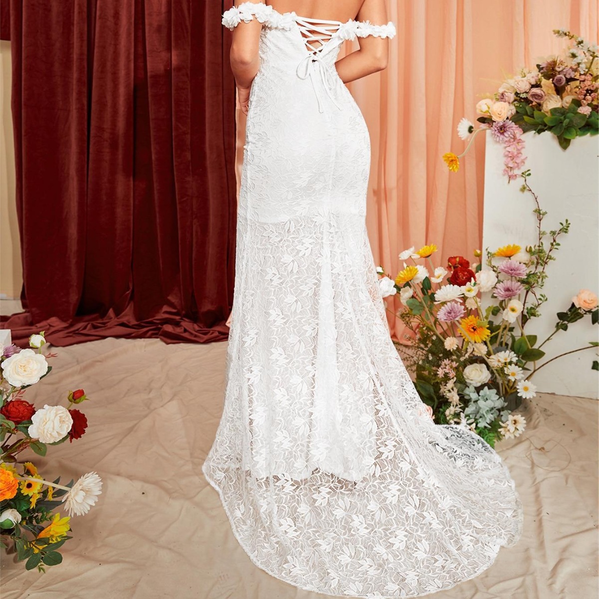 Vestido de noche superior de tubo europeo y americano encaje tridimensional encaje sin respaldo atado a mano vestido de baile vestido de fiesta vestido de dama de honor