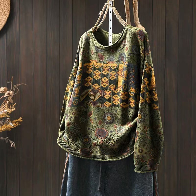 Winter New Vintage Color Cotton Knitted Sweater Women's Loose Large Plate Cool Casual Round Neck Pullover 69053