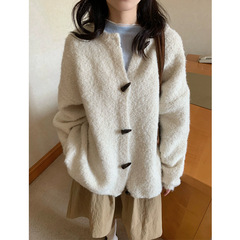 槿一 软糯小羊可爱牛角扣毛衣日系白色甜美加厚舒服外套女慵懒风