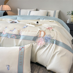 Fresh and Simple All-Cotton Four-Piece Set with a High-End Feel: 100 Long-Staple Cotton Embroidered Duvet Cover, Pure Cotton Bed Sheet for Sleeping Naked, Bedding Set 4