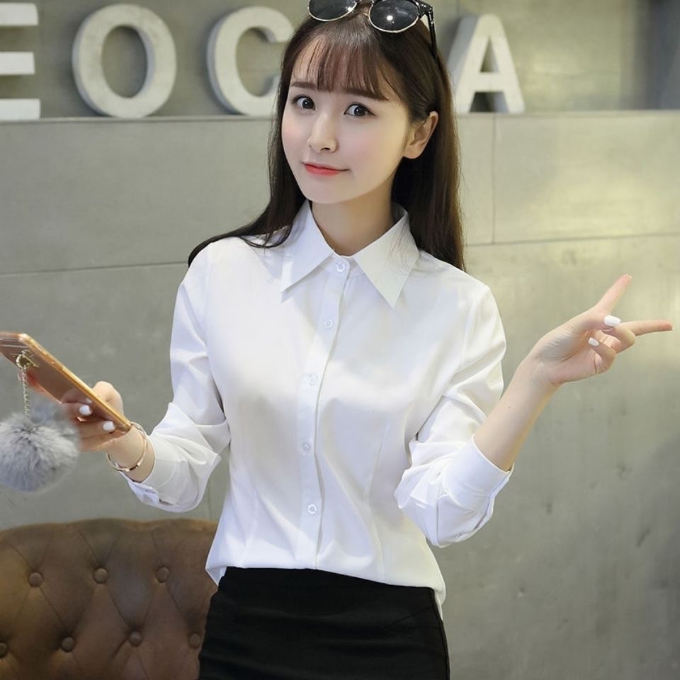 2024 봄과 가을 프로 화이트 셔츠 여성용 긴팔 캐주얼 슬림 핏 플러스 사이즈 올 매치 작업 옷 솔리드 컬러베이스 셔츠
