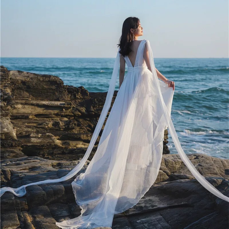 White Elegant Long Skirt with Suspenders and Floor-Length Light Wedding Dress, Extra Long Beach Skirt, Super Fairy Clothes for Taking Photos at the Beach