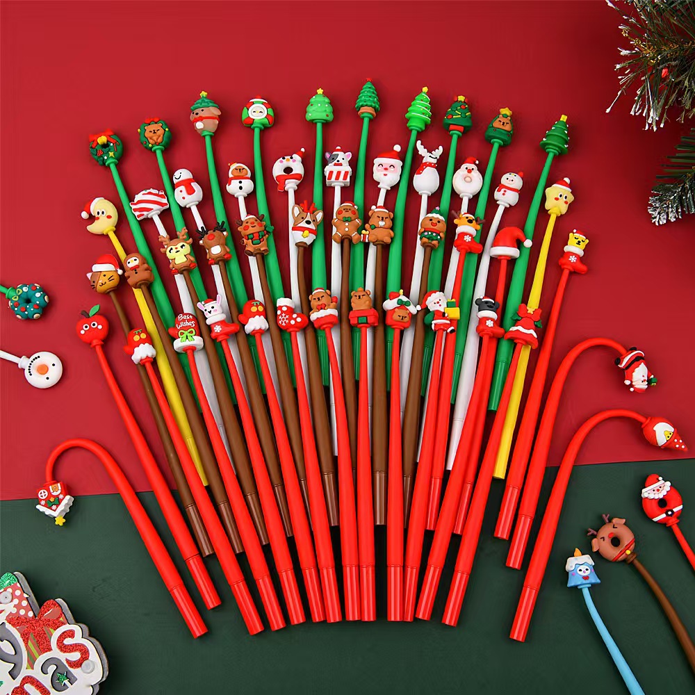 Cross-Border Santa Claus Soft Silicone Shake Pen Creative Three-Dimensional Head Gel Pen Cartoon Elk Shape Christmas Gift