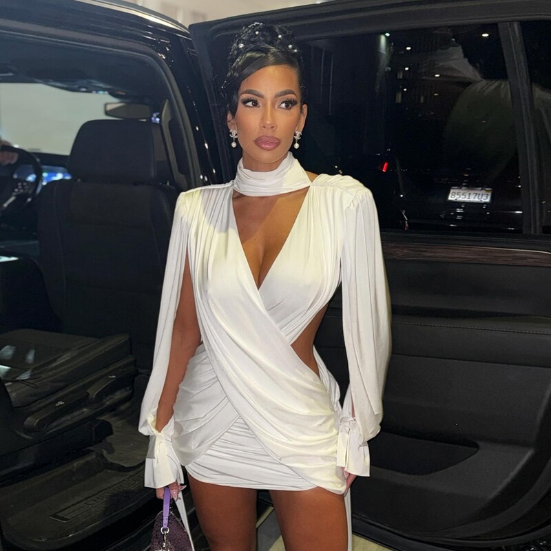 European and American Cross-Border Autumn and Winter New Women's Clothing, Solid Color Sexy Hollow-Out Long-Sleeve Deep V-Neck Cross-Stitching Bodycon Dress