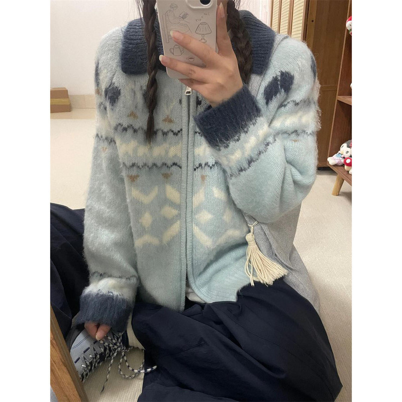 日系慵懒风软糯翻领拉链秋冬宽松费尔岛提花开衫毛衣针织衫外套女|undefined
