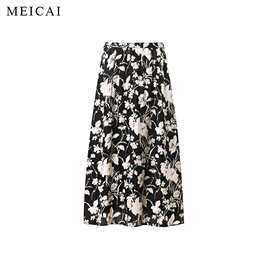 美裁 限量新品 桑蚕丝立裁式黑色碎花显瘦松紧腰时尚伞摆半身裙