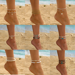 Beach Holiday Style Shell Starfish Beaded Anklet suit Bohemian Style Glass Beaded Ankle Jewelry