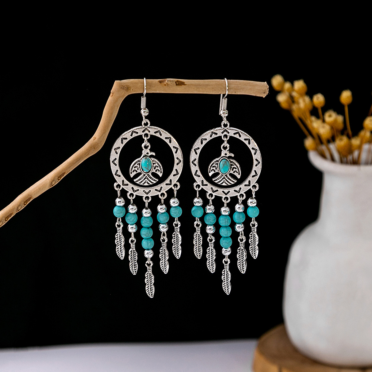 1 Pair Casual Retro Geometric Beaded Alloy Turquoise Drop Earrings display picture 29
