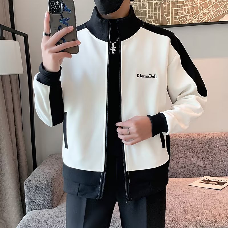 Slim Fit Men's Jacket With Stand Up Collar And Contrast Zipper_voghion.com