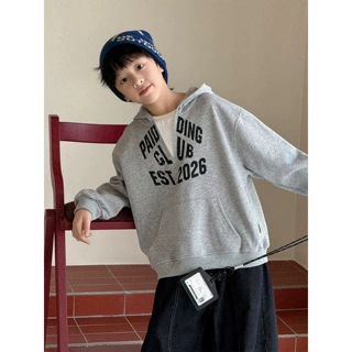男童复古字母连帽卫衣儿童半开小V领假两件套头衫中大童休闲上衣