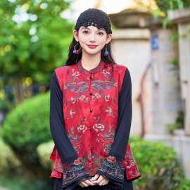 2026新款民族风复古重工刺绣马甲女文艺立领提花缎面宽松外搭背心