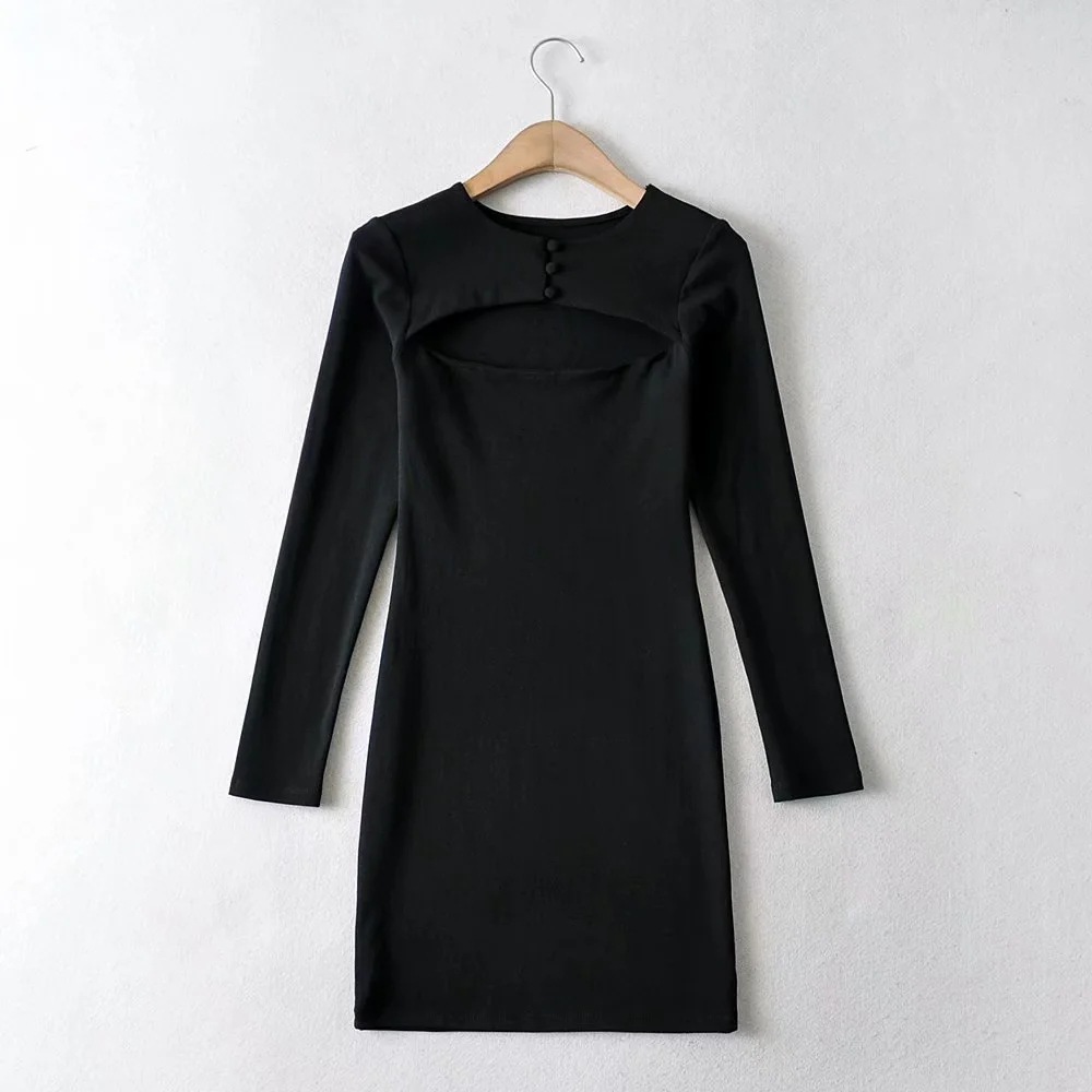 round neck breasted chest hollow long-sleeved dress NSHS44286