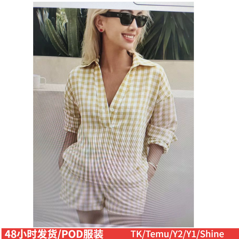2026 Cross-Border Shein Amazon Casual Shirt Loose Top Long Suit Summer Cardigan V-Neck Buttons 2026 Cross-Border Shein Amazon Casual Shirt Loose Top Long Suit Summer Cardigan V-Neck Buttons