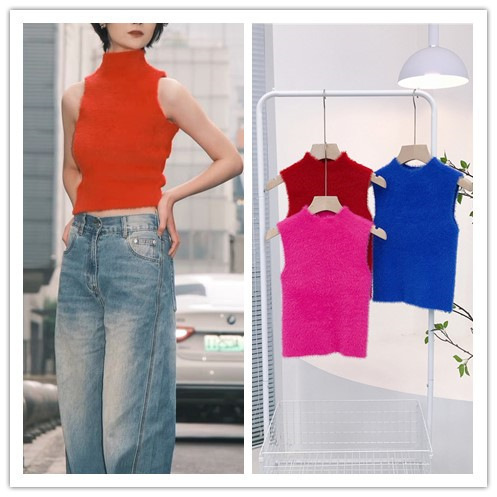 6885 Fragrant Style Pure Desire Sexy Sweet Spicy Half-High Collar Mink Fur Sleeveless High-Waisted Short Vest for Women 6885 Fragrant Style Pure Desire Sexy Sweet Spicy Half-High Collar Mink Fur Sleeveless High-Waisted Short Vest for Women