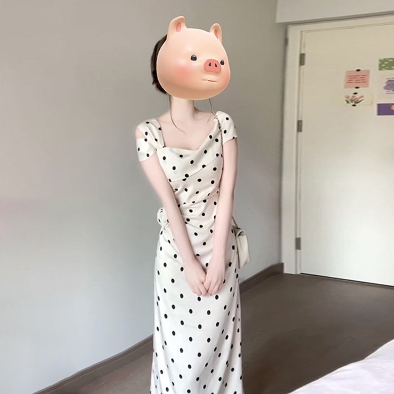 150 ショートフレンチポルカドットドレス女性の春夏スリムスリムサスペンダースカートウエスト A ラインミドル丈スカート|undefined