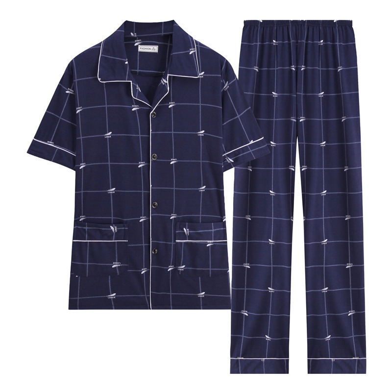 100% pijamas de algodón de manga larga de los hombres sueltos más tamaño aguja pequeño collar inverso joven y de mediana edad de primavera y otoño ropa de casa manga corta tejida