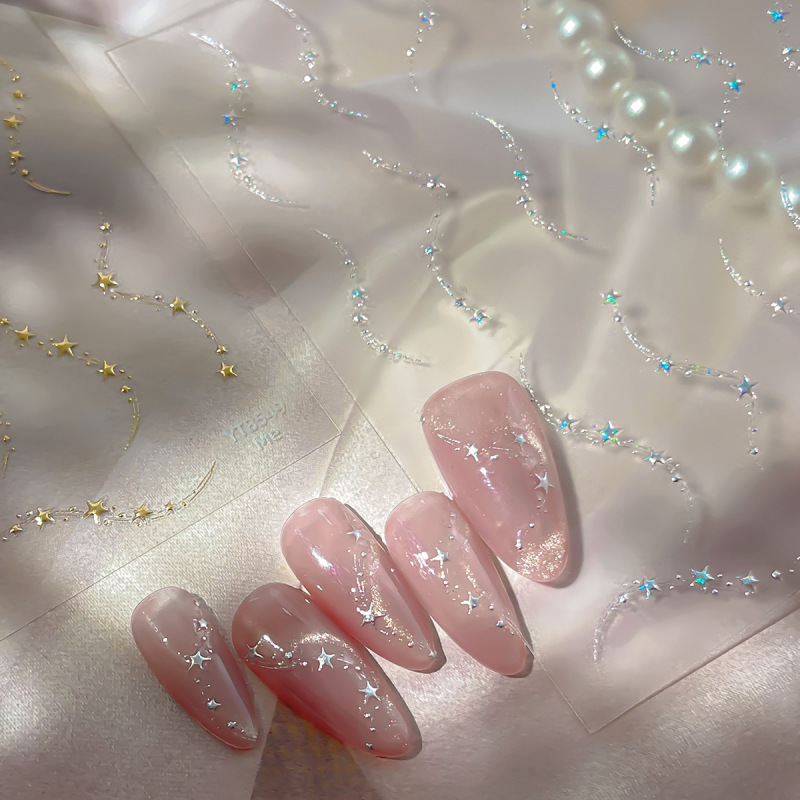 Starlight Tassel Nail Stickers Summer Rhinestone Pearl Ocean-Themed Stickers Ins Laser Gold Foil Floral Nail Stickers