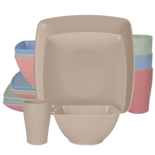 Cross-Border Square Wheat Straw Dishes and Plates 16-Piece Set Salad Steak Square Plate Square Bowl Small Waist Cup Tableware Set