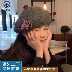 新款羊绒贝雷帽子女款复古小众补丁保暖毛线帽秋冬季画家帽批发