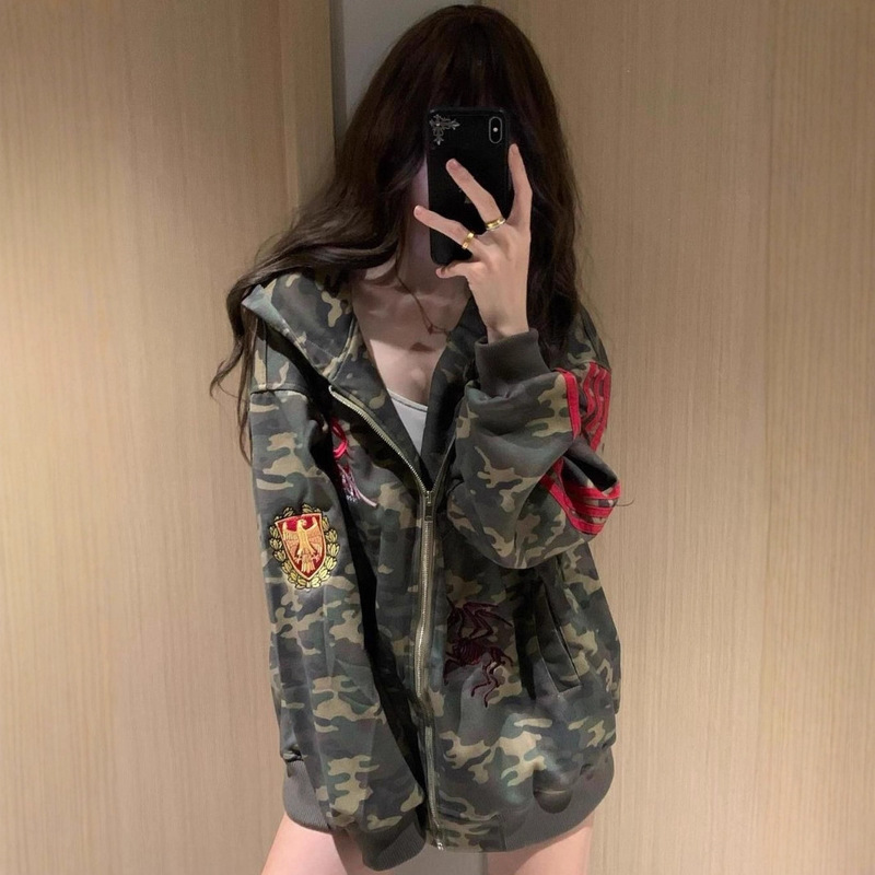 American Retro High Street Camouflage Long-Sleeve Hooded Sweatshirt for Women, Spring and Autumn Three-Stripe Trendy Brand Lazy Style Cardigan Jacket