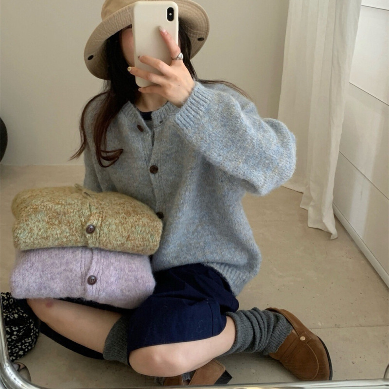 韩系温柔风彩纱圆领毛衣外套女秋冬新款宽松百搭软糯针织开衫上衣|undefined