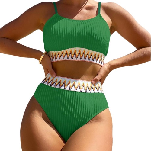 24 New Cross-Border European & American Style High-Waisted Two-Piece Swimsuit for Women: Multi-Color Bikini with Striped and Solid Designs—Sensual & Stylish Swimwear