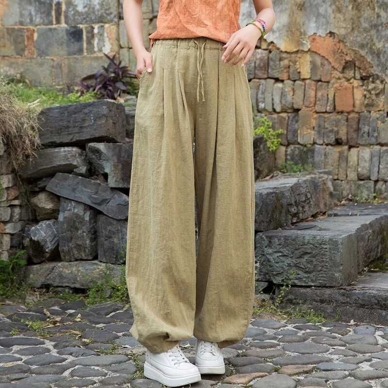 Women's Summer High-End Cotton-Linen Pants, Vintage Casual Loose-Fitting Versatile Cuffed Pants, Relaxed Fit Harem Pants