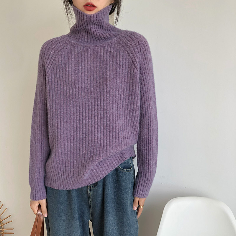 Viento perezoso cuello alto agujero delgado suéter de seda brillante diseño de color sólido delgado camiseta de punto de fondo de invierno de otoño chaqueta